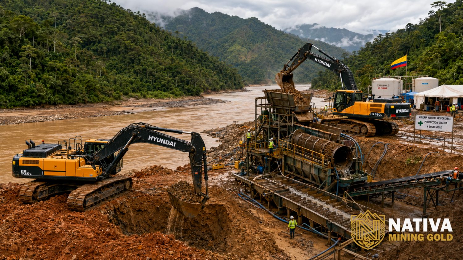 Maquinaria pesada en extracción aluvial sobre el río Andágueda — excavadoras Hyundai y planta de beneficio.